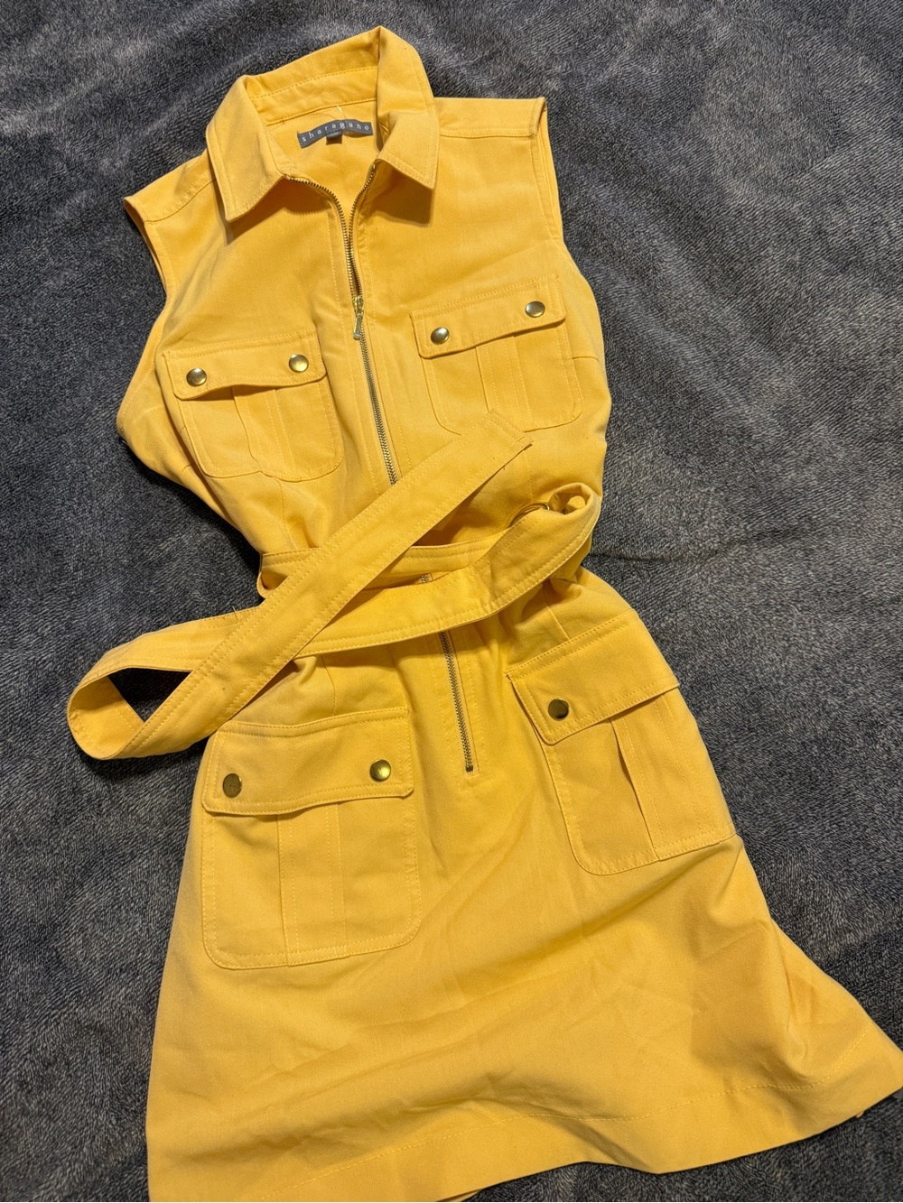 Sharagano Yellow Sleeveless Utility Zip Front Mini Dress